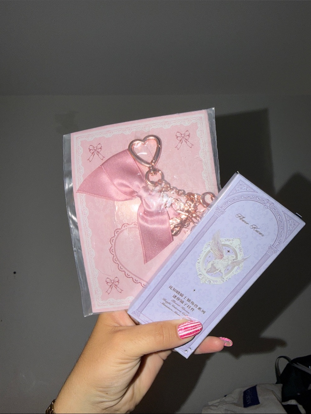 Pink Satin Bow Heart Keychain Charm and mirror